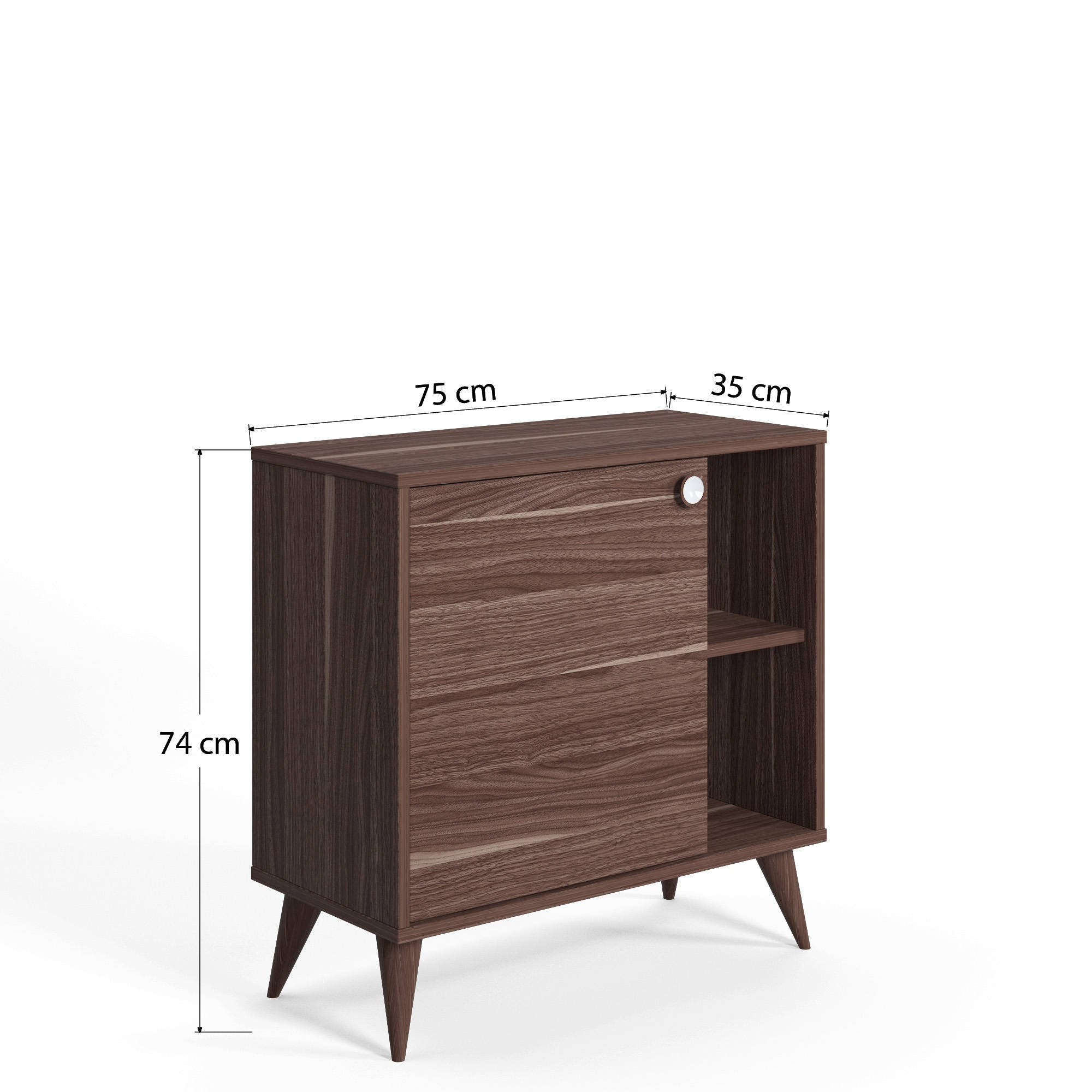 Credenza con un'anta battente e ripiani, cm 75 x 35 x 74, colore noce