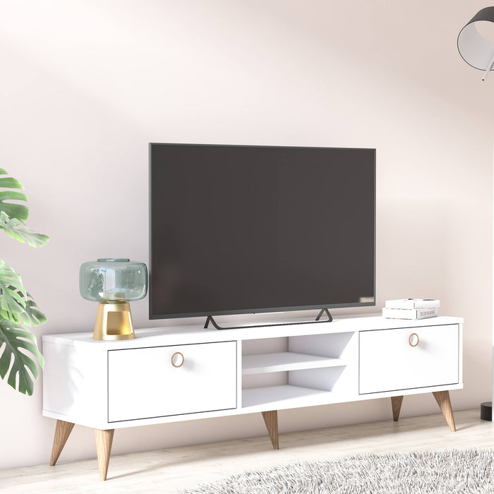 Mobile da soggiorno porta TV con due antine e due vani centrali, cm 152 x 35 x 40, colore bianco