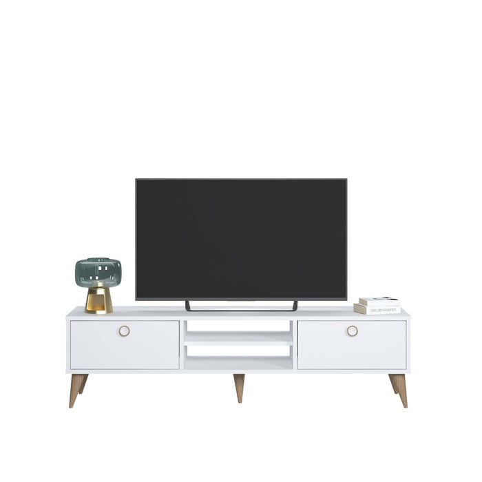 Mobile da soggiorno porta TV con due antine e due vani centrali, cm 152 x 35 x 40, colore bianco