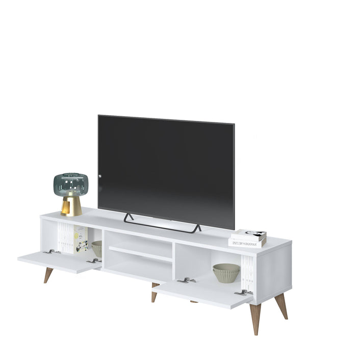 Mobile da soggiorno porta TV con due antine e due vani centrali, cm 152 x 35 x 40, colore bianco