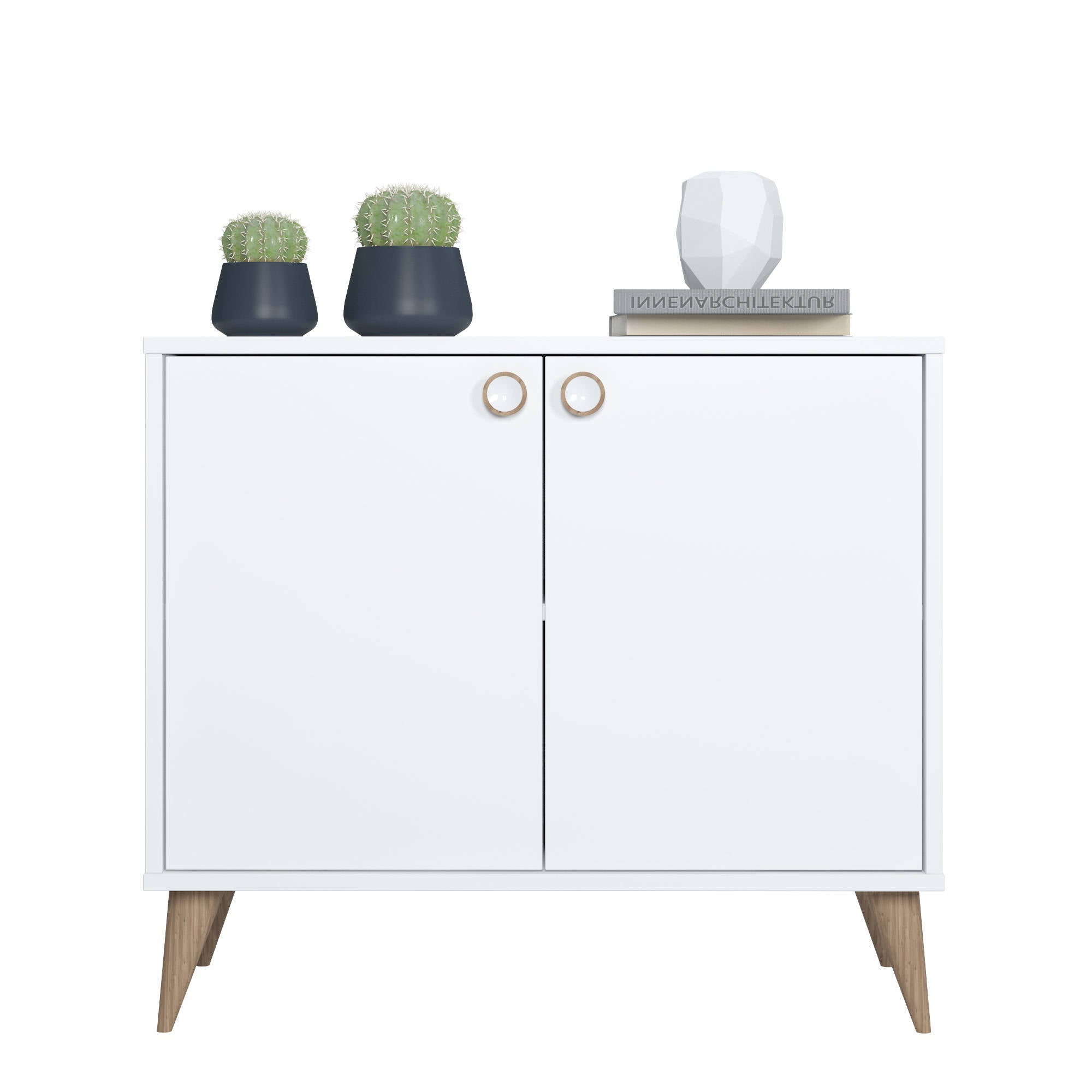 Credenza con due ante battenti e due ripiani interni, cm 85 x 35 x 74, colore bianco