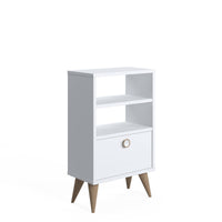 Comodino con un'anta e due scomparti, cm 45 x 25 x 74, colore bianco