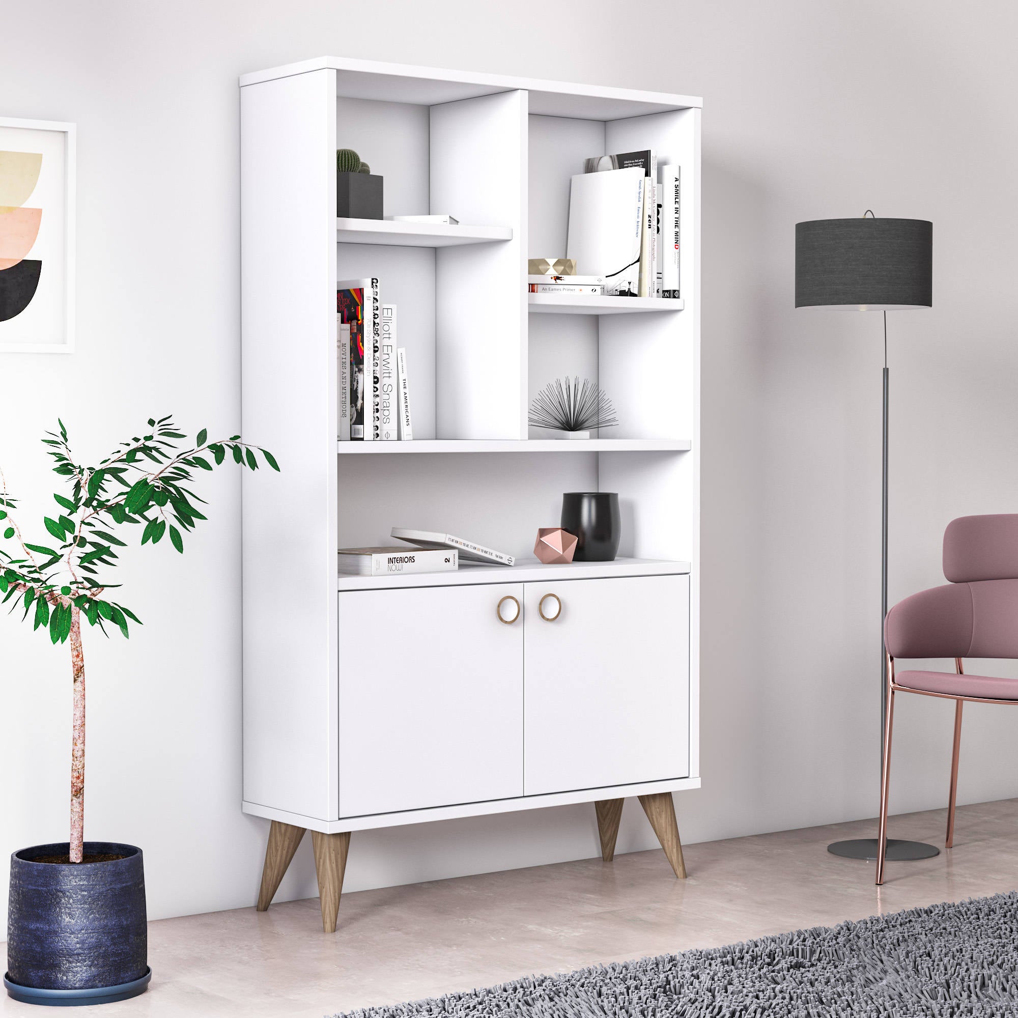 Libreria con due ante battenti e cinque scomparti aperti, cm 75 x 25 x 131, colore bianco