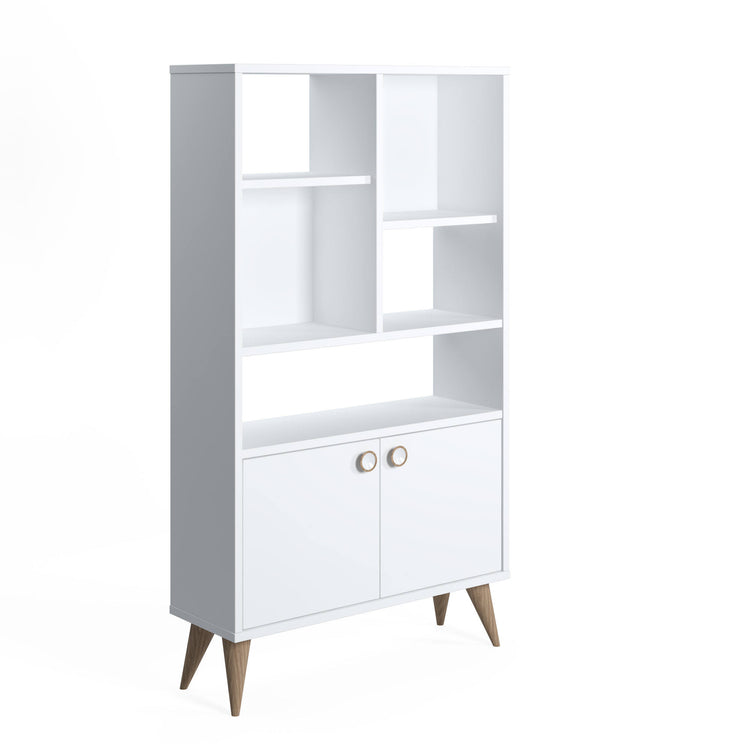 Libreria con due ante battenti e cinque scomparti aperti, cm 75 x 25 x 131, colore bianco