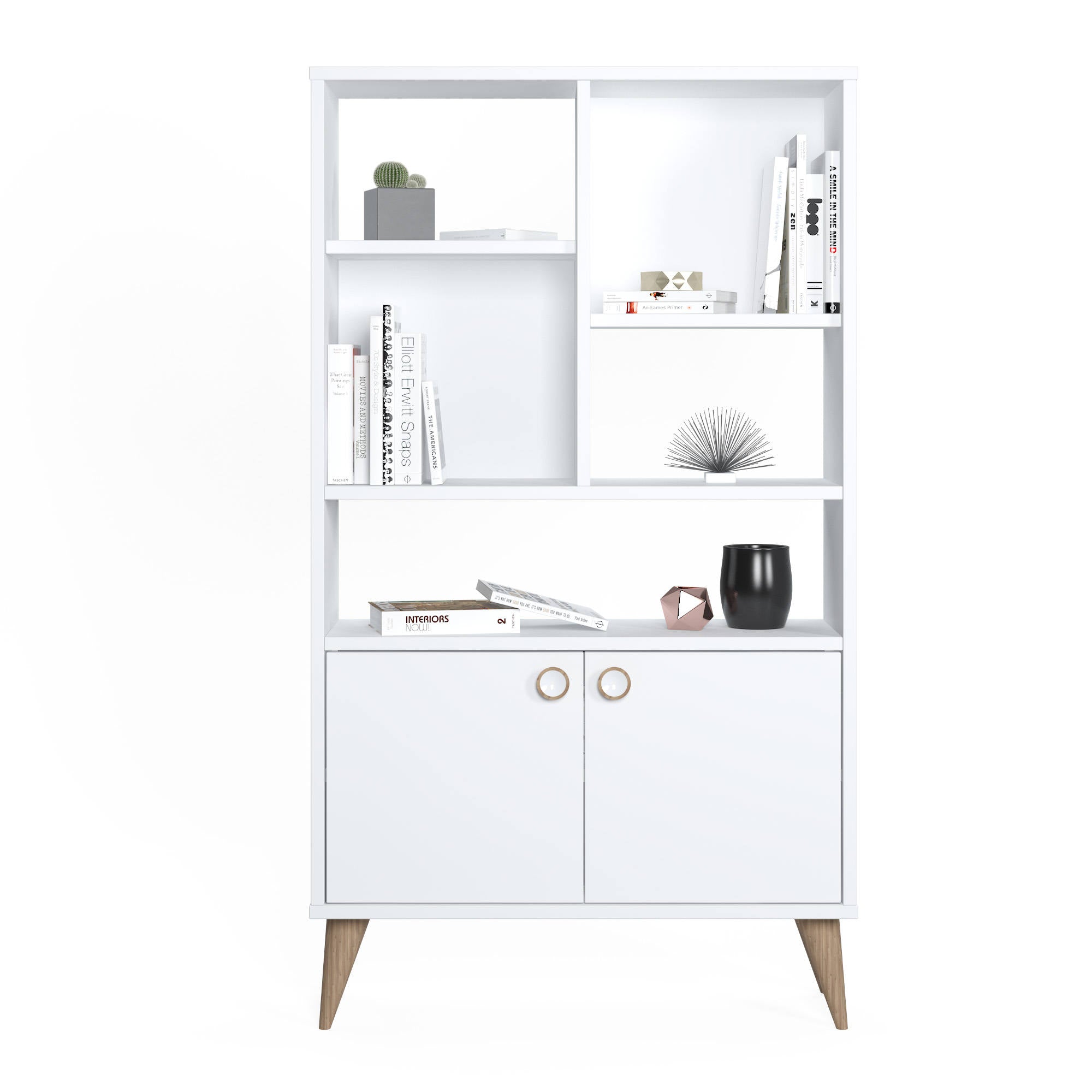 Libreria con due ante battenti e cinque scomparti aperti, cm 75 x 25 x 131, colore bianco