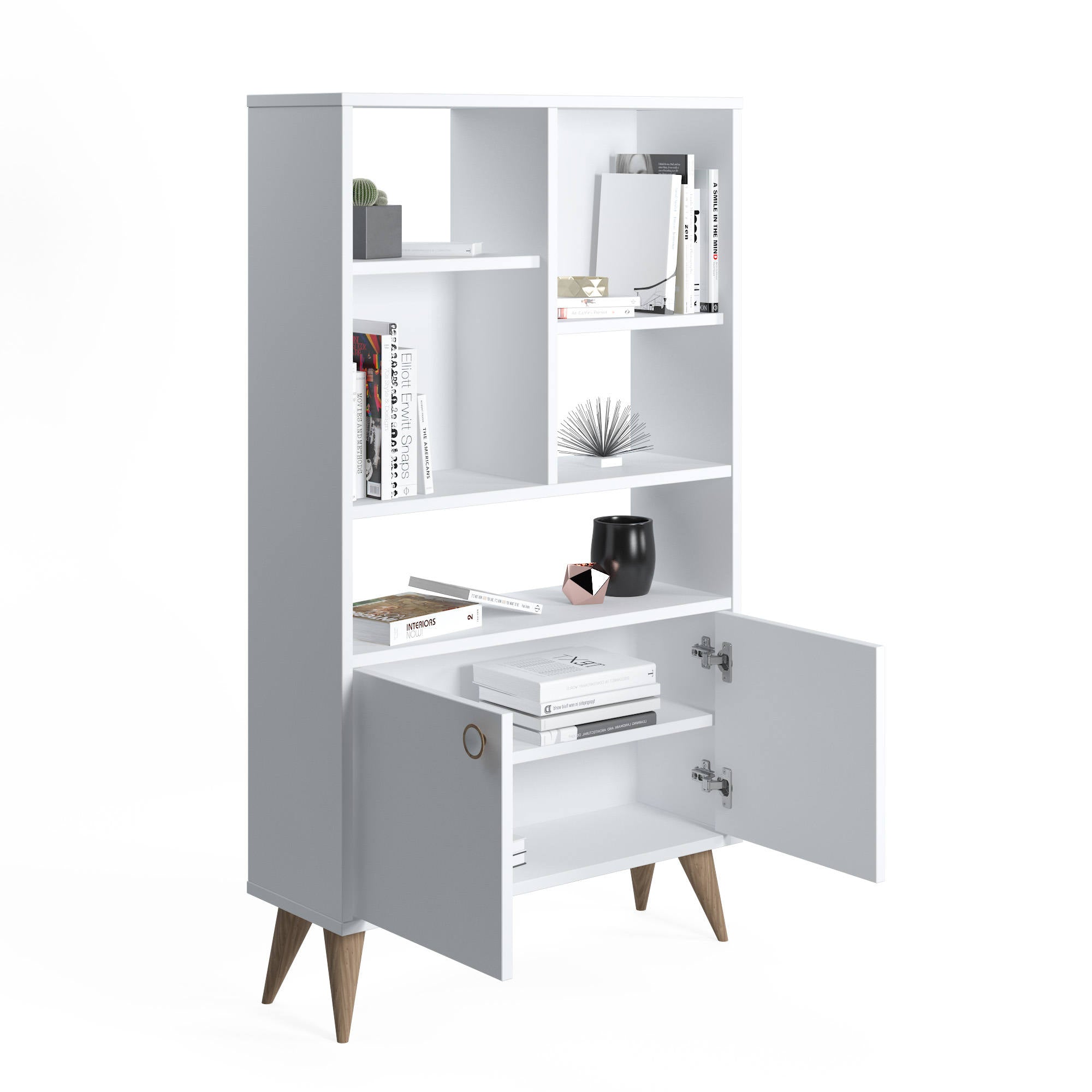 Libreria con due ante battenti e cinque scomparti aperti, cm 75 x 25 x 131, colore bianco