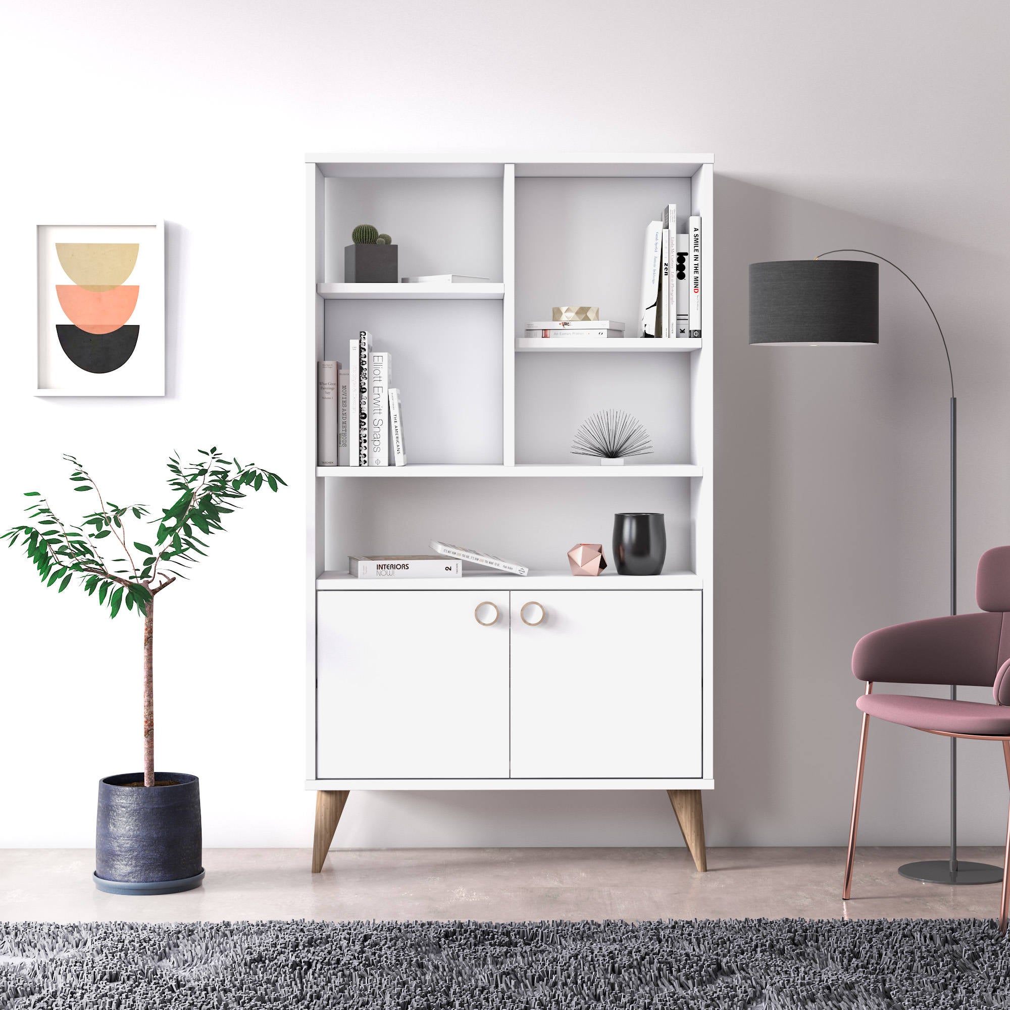 Libreria con due ante battenti e cinque scomparti aperti, cm 75 x 25 x 131, colore bianco