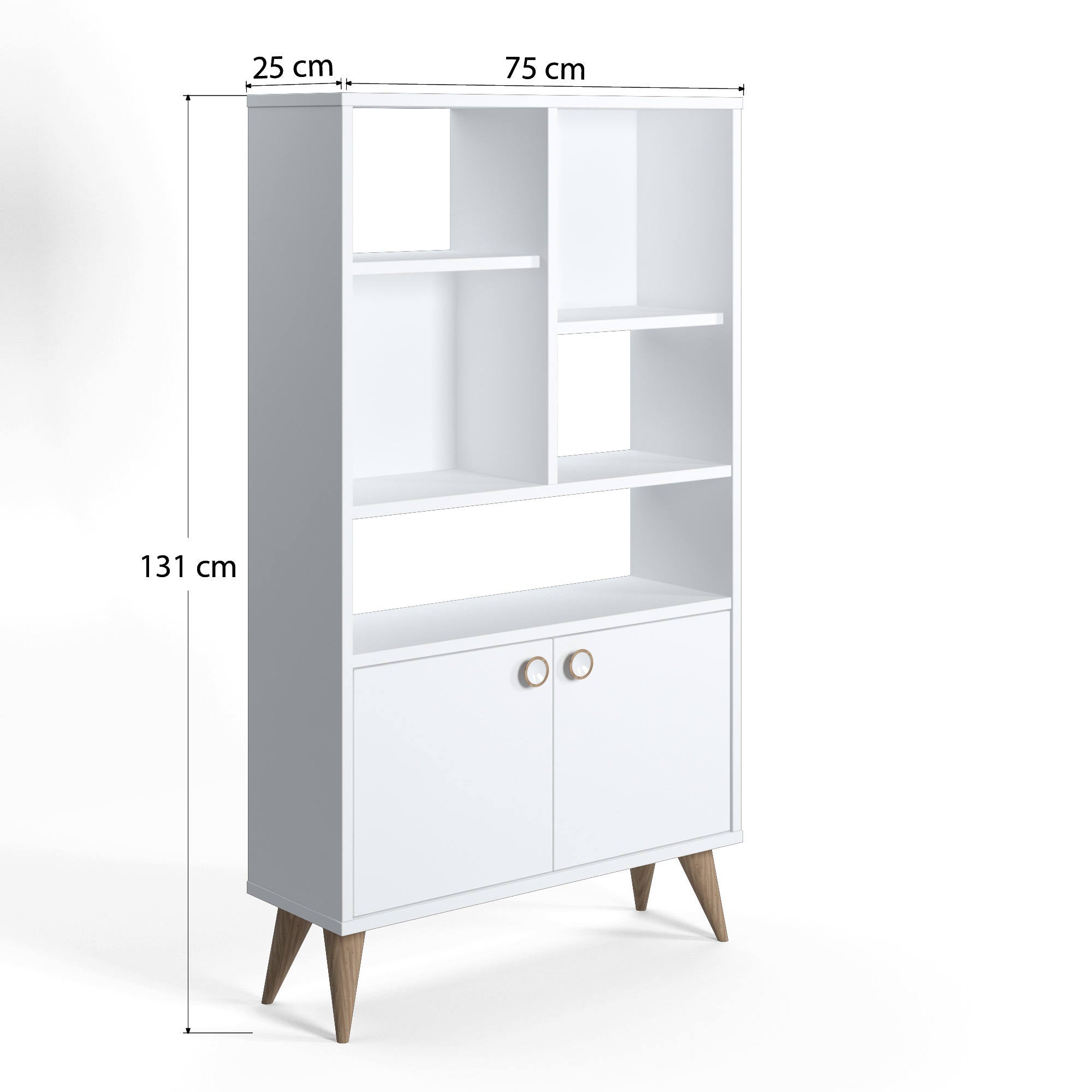 Libreria con due ante battenti e cinque scomparti aperti, cm 75 x 25 x 131, colore bianco