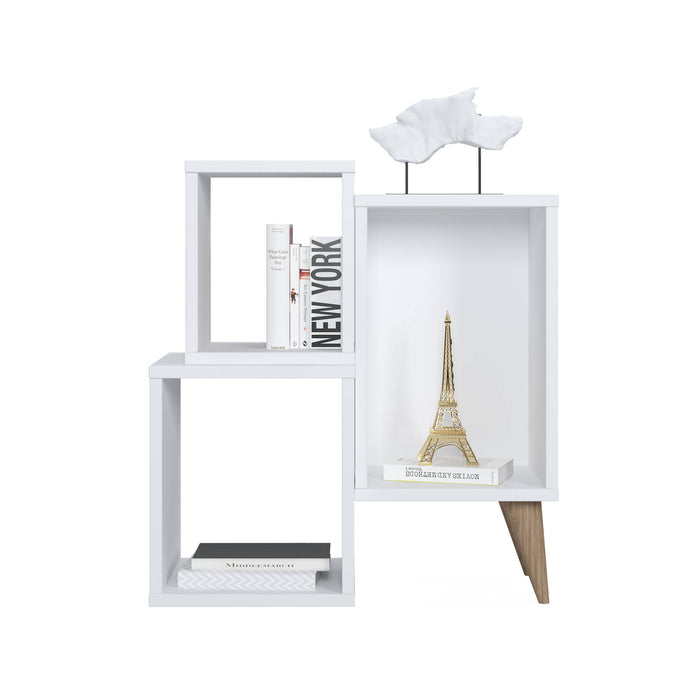 Moderna libreria con tre scomparti asimmetrici, cm 60 x 27 x 65, colore bianco