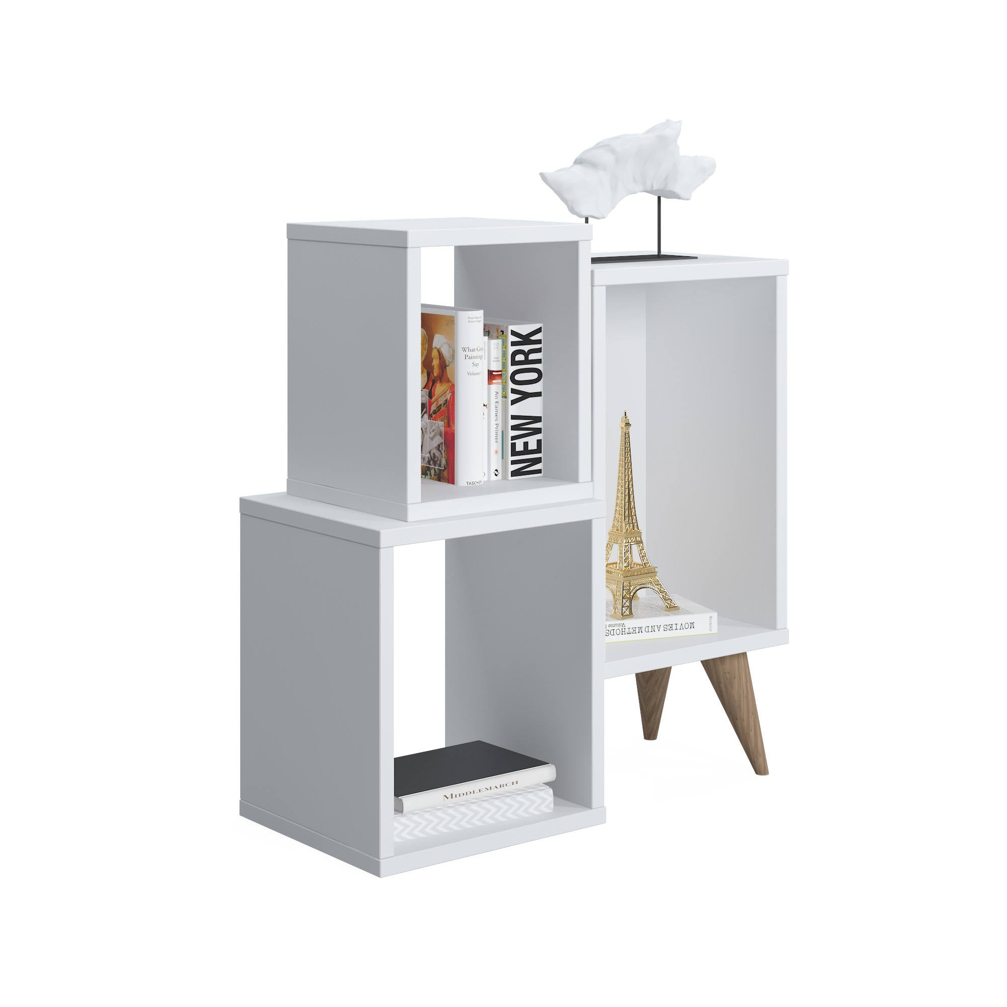 Moderna libreria con tre scomparti asimmetrici, cm 60 x 27 x 65, colore bianco