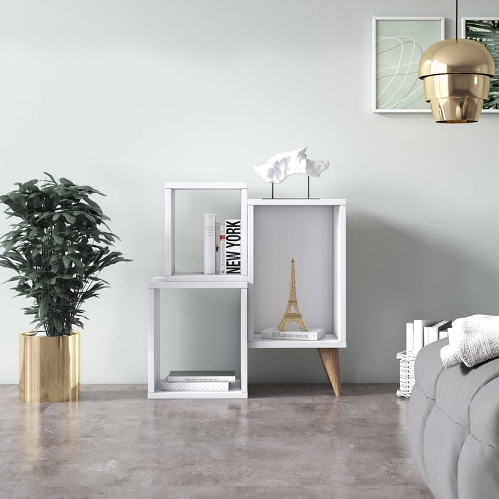 Moderna libreria con tre scomparti asimmetrici, cm 60 x 27 x 65, colore bianco