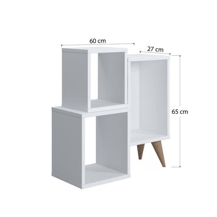 Moderna libreria con tre scomparti asimmetrici, cm 60 x 27 x 65, colore bianco