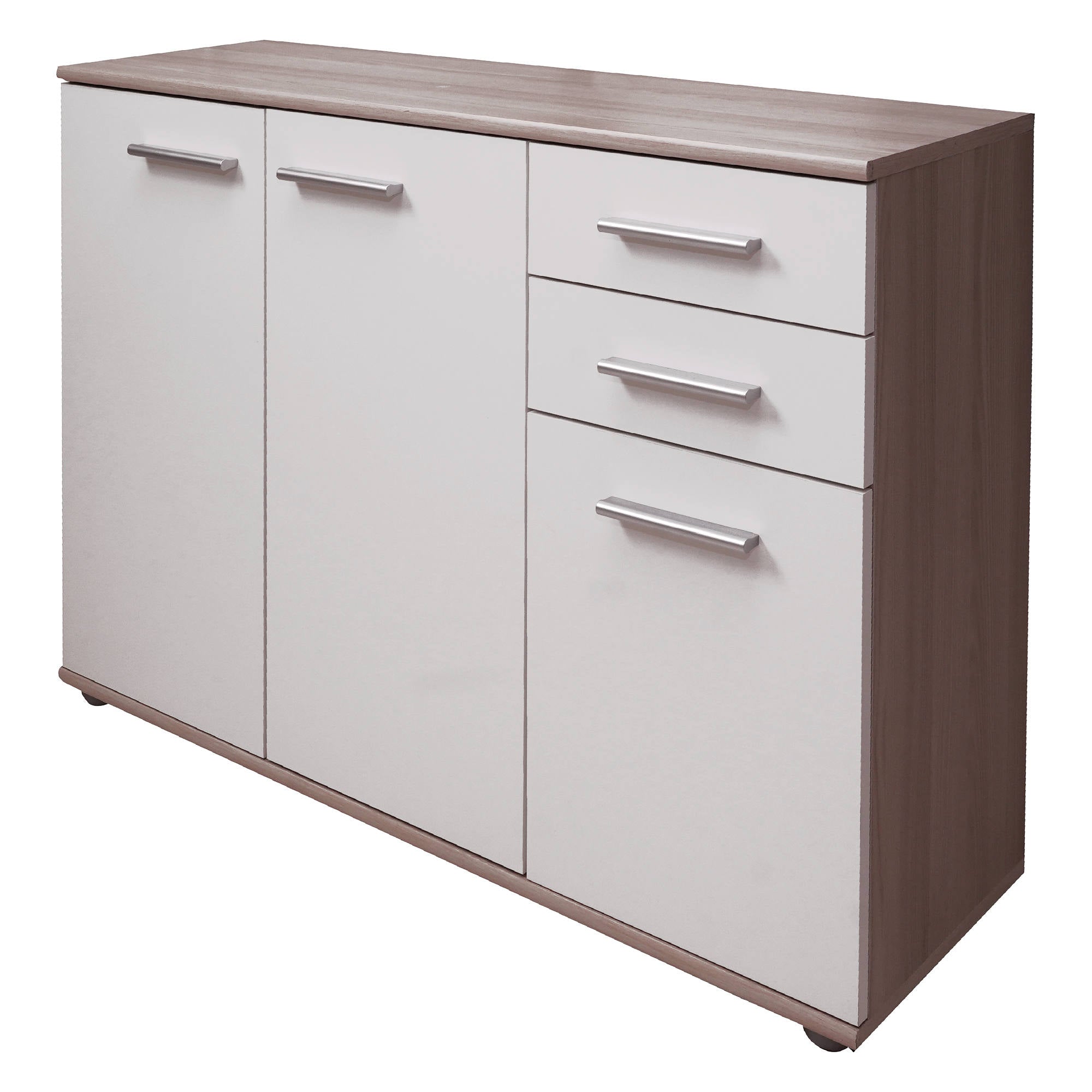 Credenza Benifaio, Buffet moderno a 3 ante e 2 cassetti, Madia lineare con ripiani, Cm 103x35h70, Bianco e Rovere