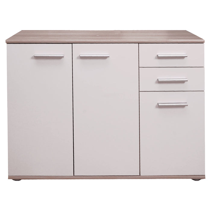 Credenza Benifaio, Buffet moderno a 3 ante e 2 cassetti, Madia lineare con ripiani, Cm 103x35h70, Bianco e Rovere