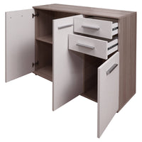 Credenza Benifaio, Buffet moderno a 3 ante e 2 cassetti, Madia lineare con ripiani, Cm 103x35h70, Bianco e Rovere