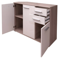 Credenza Benifaio, Buffet moderno a 3 ante e 2 cassetti, Madia lineare con ripiani, Cm 103x35h70, Bianco e Rovere