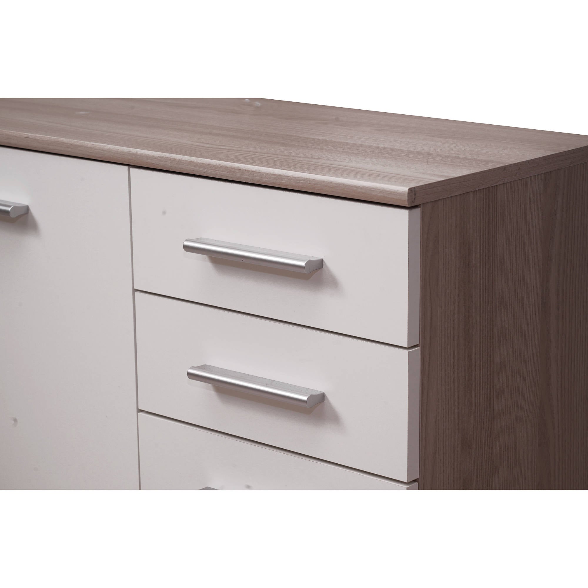 Credenza Benifaio, Buffet moderno a 3 ante e 2 cassetti, Madia lineare con ripiani, Cm 103x35h70, Bianco e Rovere