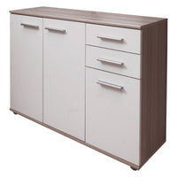 Credenza Benifaio, Buffet moderno a 3 ante e 2 cassetti, Madia lineare con ripiani, Cm 103x35h70, Bianco e Rovere