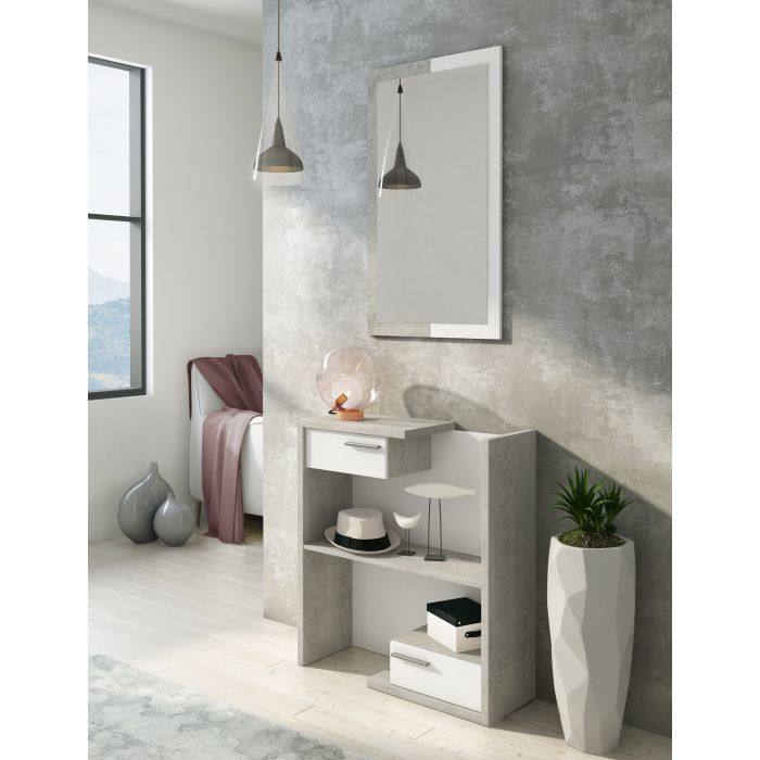 Mobile da ingresso CallosadeS, Entratina moderna con specchiera, Mobile con cassetti e ripiano, Mobile svuotatasche, Cm 80x28h170, Cemento e Bianco