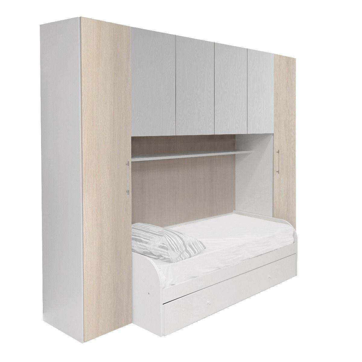 Camera completa ArandadeDu, Cameretta completa di armadio a 6 ante e divano letto con secondo letto estraibile, Guardaroba ad ante con mensola, reti 80x190 comprese, Made in Italy, Cm 293x90h247, Bianco e Olmo