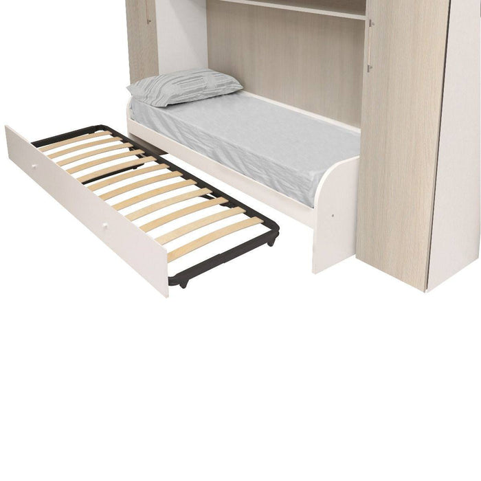 Camera completa ArandadeDu, Cameretta completa di armadio a 6 ante e divano letto con secondo letto estraibile, Guardaroba ad ante con mensola, reti 80x190 comprese, Made in Italy, Cm 293x90h247, Bianco e Olmo