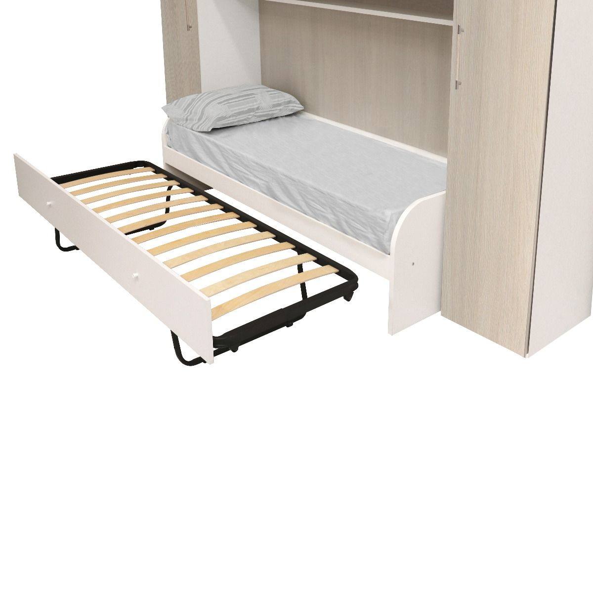 Camera completa ArandadeDu, Cameretta completa di armadio a 6 ante e divano letto con secondo letto estraibile, Guardaroba ad ante con mensola, reti 80x190 comprese, Made in Italy, Cm 293x90h247, Bianco e Olmo