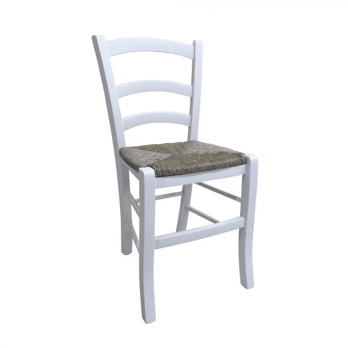 Sedia Castrillon, Sedia classica in legno color Bianco, Ideale per sala da pranzo, cucina o salotto, Made in Italy, Cm 46x42h87, con fondello in Paglia