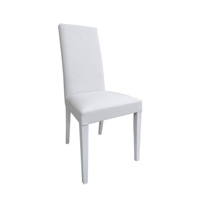 Sedia Coin, Sedia moderna in legno con rivestimento in ecopelle, Ideale per sala da pranzo, cucina o salotto, Cm 46x54h98, Bianco