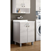 Mobile sottolavabo Banyoles, Lavatoio con lavello, Mobile da bagno a 2 ante battenti ,Bianco e Olmo, Made in Italy, Cm 60x60h85