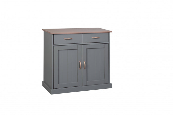 Buffet a 2 ante e 2 cassetti, in pino massello verniciato grigio con top e finiture color marrone, 90x45x86 cm