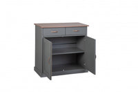 Buffet a 2 ante e 2 cassetti, in pino massello verniciato grigio con top e finiture color marrone, 90x45x86 cm