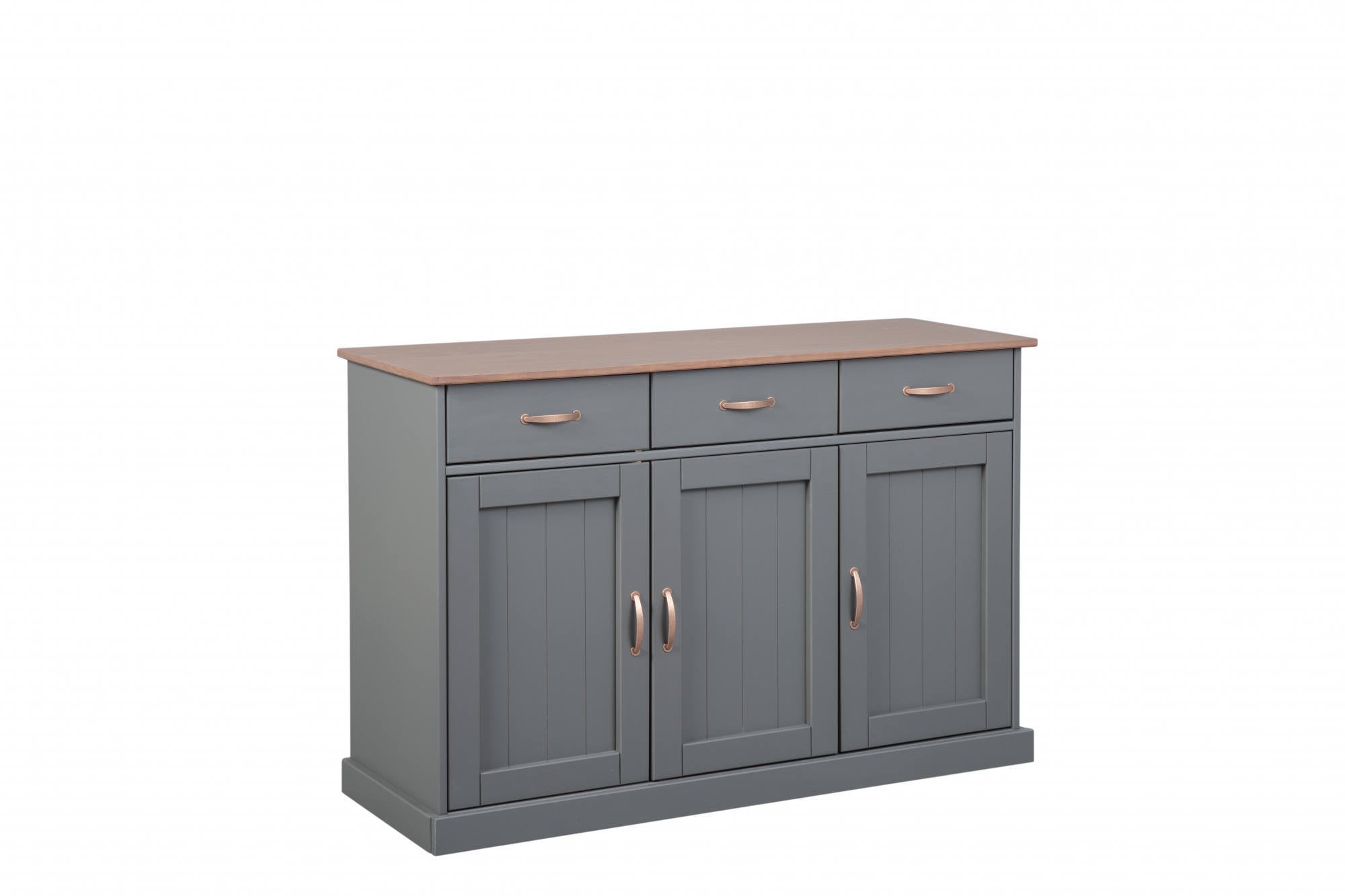 Buffet a 3 ante e 3 cassetti, in pino massello verniciato grigio con top e finiture color marrone, 131x45x86 cm