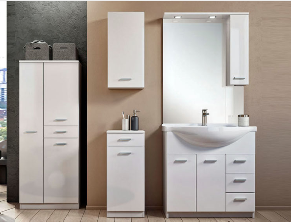 Mobile sottolavabo Barberadel, Armadietto moderno da bagno con specchiera, Lavatoio con 2 ante battenti e 3 cassetti, Made in Italy, Cm 105x50h191, Bianco