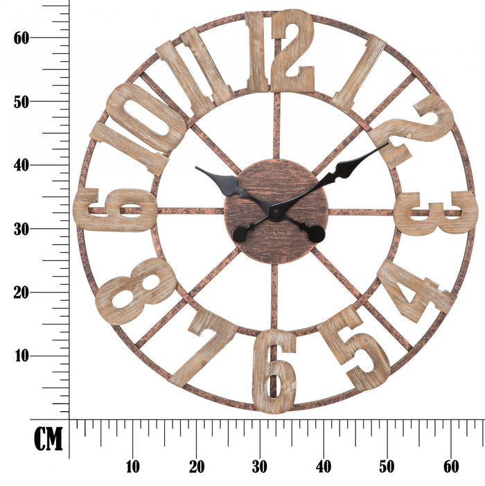 Orologio da parete, struttura in legno mdf e metallo, colore marrone, Misure 4 x 63,5 x 63,5 cm