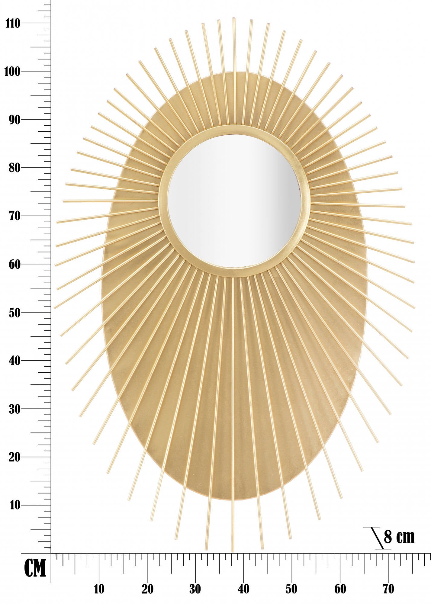 Specchio ovale, struttura in metallo dorato, colore oro, Misure 8 x 110,5 x 75 cm