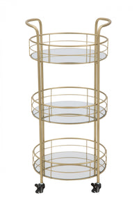 Carrello rotondo in metallo dorato, tre ripiani in specchio, colore oro, Misure 38 x 77,5 x 38 cm