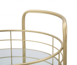 Carrello rotondo in metallo dorato, tre ripiani in specchio, colore oro, Misure 38 x 77,5 x 38 cm