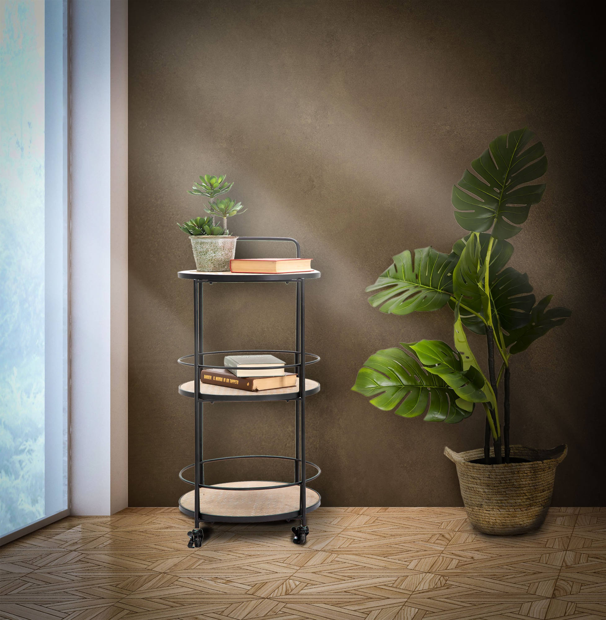 Carrello rotondo in metallo e legno, con 3 ripiani e pratiche rotelle, colore nero, Misure 41,5 x 82 x 40 cm