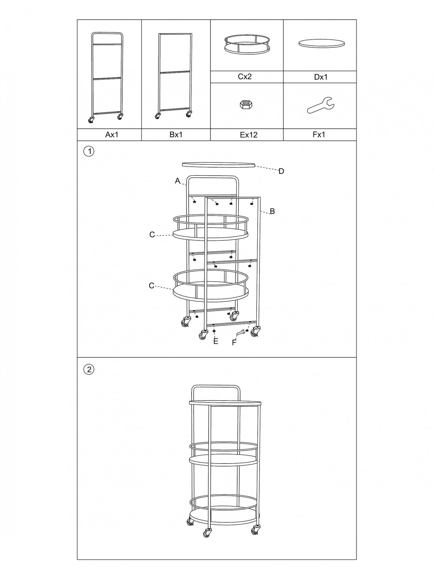 Carrello rotondo in metallo e legno, con 3 ripiani e pratiche rotelle, colore nero, Misure 41,5 x 82 x 40 cm