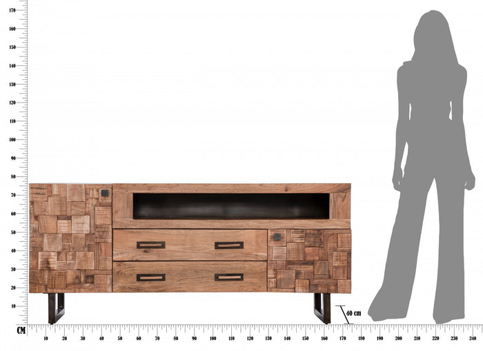 Mobile in legno di acacia e ferro, con maniglie e gambe in metallo, composto da un ripiano, 2 sportelli e 2 cassetti, colore marrone, Misure 40 x 77 x 175 cm