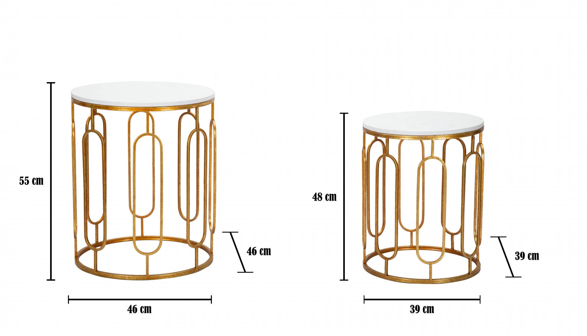 Set di 2 Tavolini, Ferro e Marmo Artificiale, Colore Oro, Misure: 46 x 46 x 55 cm