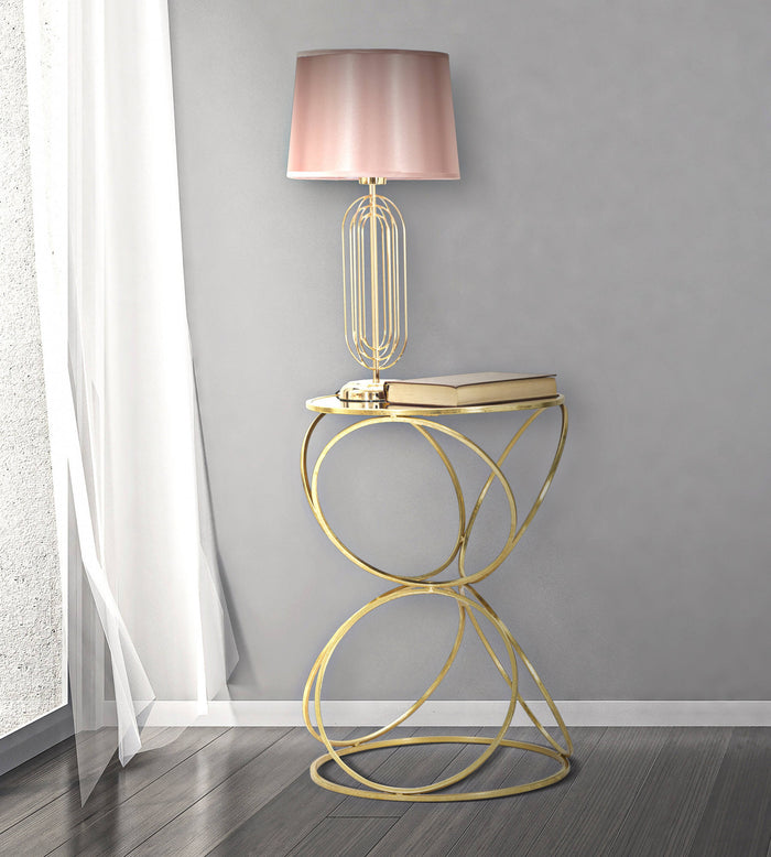 Tavolino elegante rotondo, in metallo dorato, con piano in vetro a specchio, colore oro, Misure 42 x 61 x 42 cm