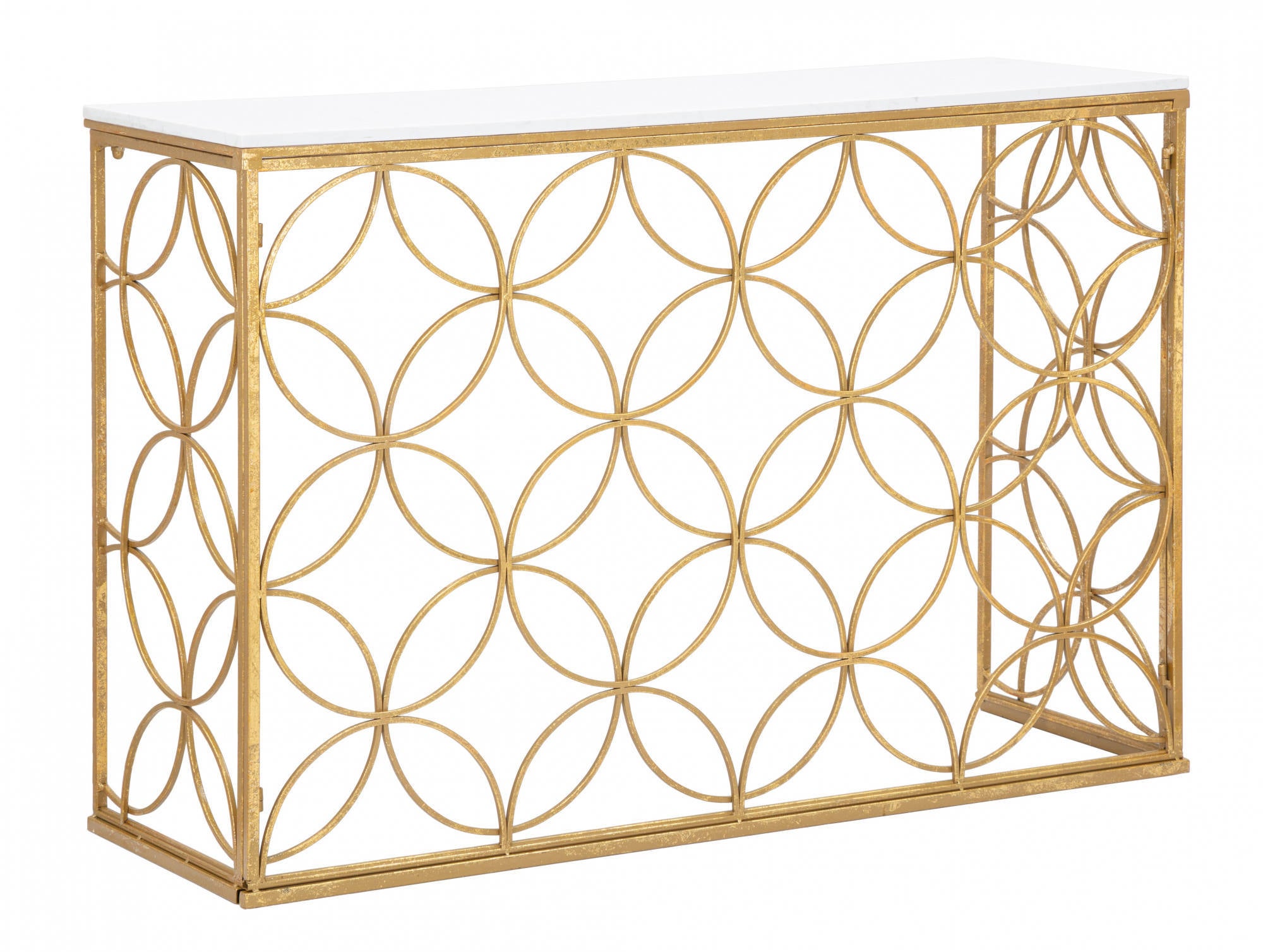 Console rettangolare, struttura in metallo dorato, piano in marmo, colore bianco, Misure 40 x 80 x 120 cm