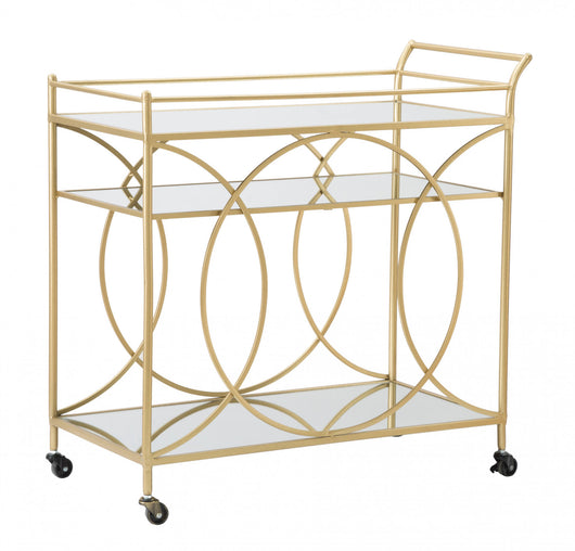 Carrello rettangolare, in metallo dorato e vetro a specchio, con 3 ripiani e pratiche ruote, colore oro, Misure 40 x 80 x 40 cm