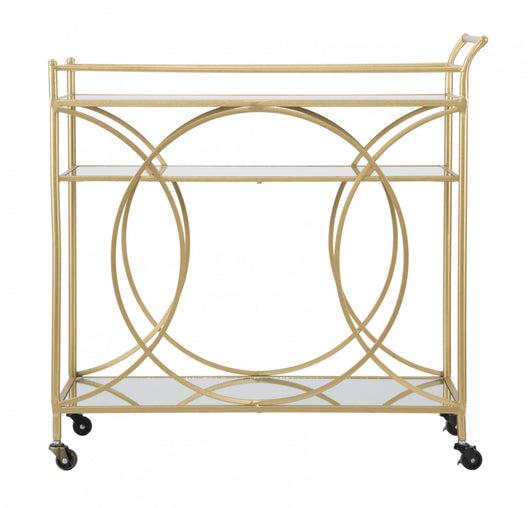 Carrello rettangolare, in metallo dorato e vetro a specchio, con 3 ripiani e pratiche ruote, colore oro, Misure 40 x 80 x 40 cm