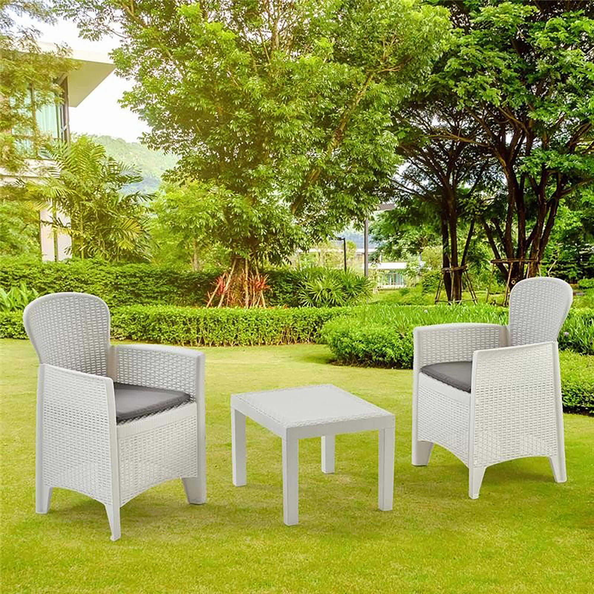 Set salotto da esterno Foggia, Set da giardino con cuscini composto da 2 poltrone e 1 tavolino, Salottino indoor, 100% Made in Italy, Cm 60x58h86, Bianco