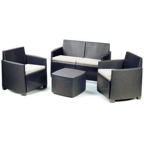 Set salotto da esterno Lecce, Set da giardino con cuscini composto da 2 poltrone, 1 divano e 1 tavolino, Salottino indoor, 100% Made in Italy, Cm 128x67h77, Antracite