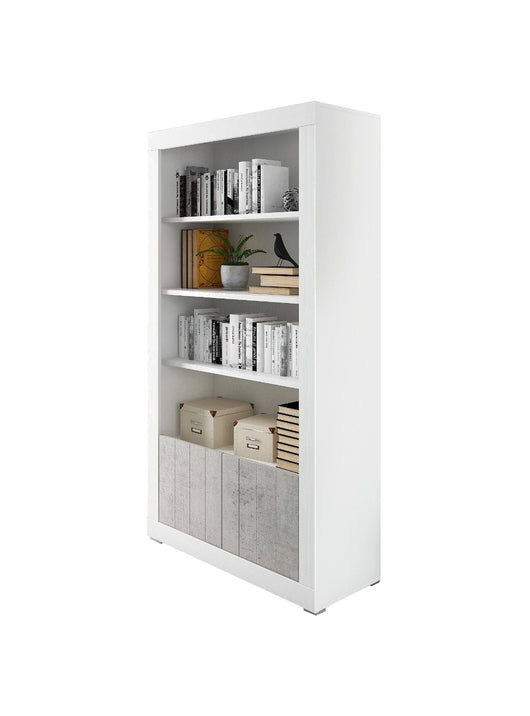 Libreria Camas, Biblioteca a 4 ripiani e 2 ante, Scaffale da ufficio per libri, Mobile portalibri, Cm 105x42h191, Bianco e Cemento