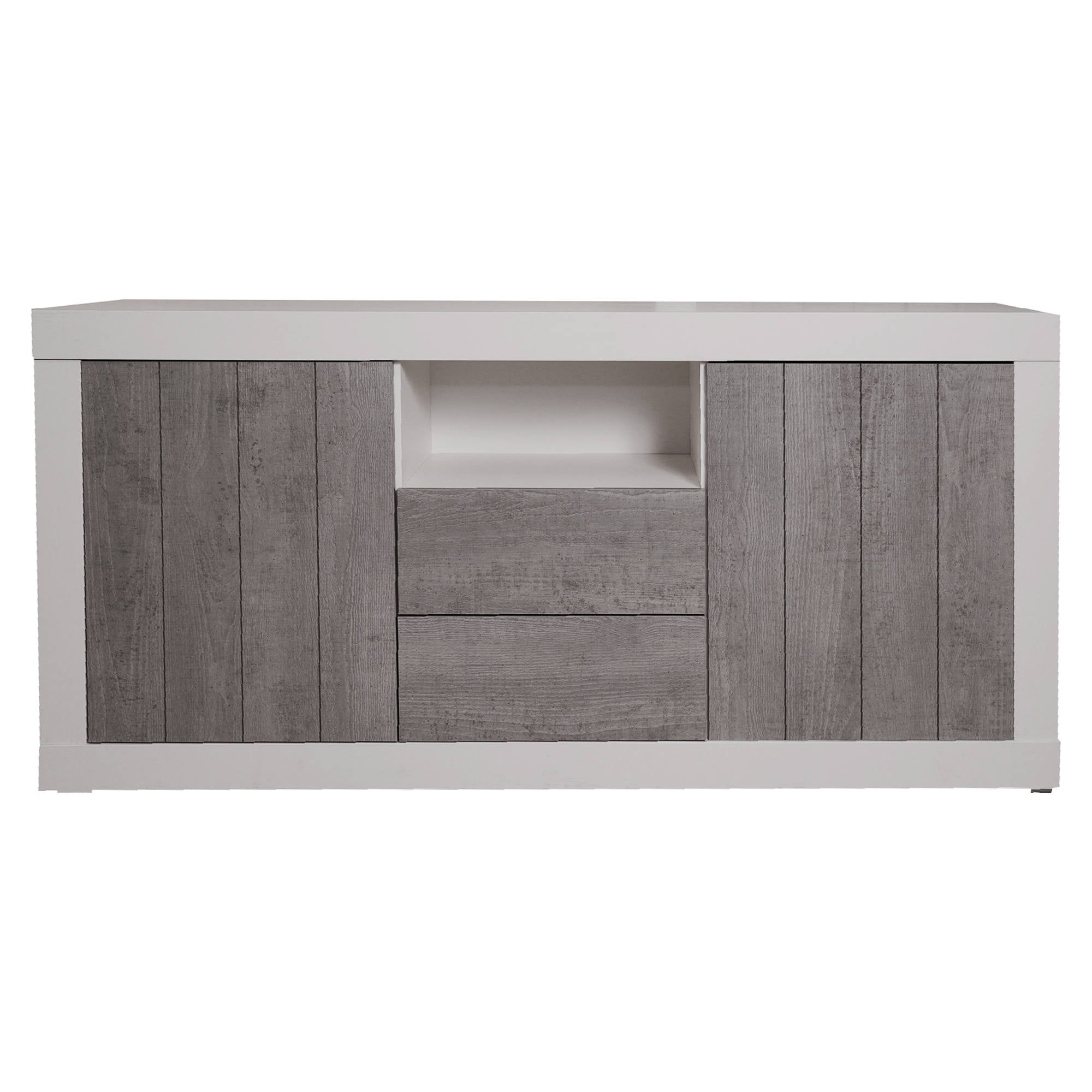 Credenza Benetusser, Madia moderna a 2 ante , Buffet da cucina con ripiani, Mobile da soggiorno Porta TV, cm 185x44h86, Bianco e Cemento