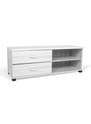 Mobile porta TV Daimiel, Credenza moderna a ripiani, Mobile da soggiorno a 2 cassetti e vano a giorno, Made in Italy, Cm 120x40h43, Rovere sbiancato